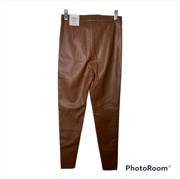 NWT ZARA Camel High Rise Faux Leather Ankle Zip Leggings XS - Picture 7 of 10